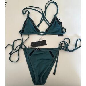 TAVIK | Teal String Micro Bikini with Crochet Inset Details | Size Small